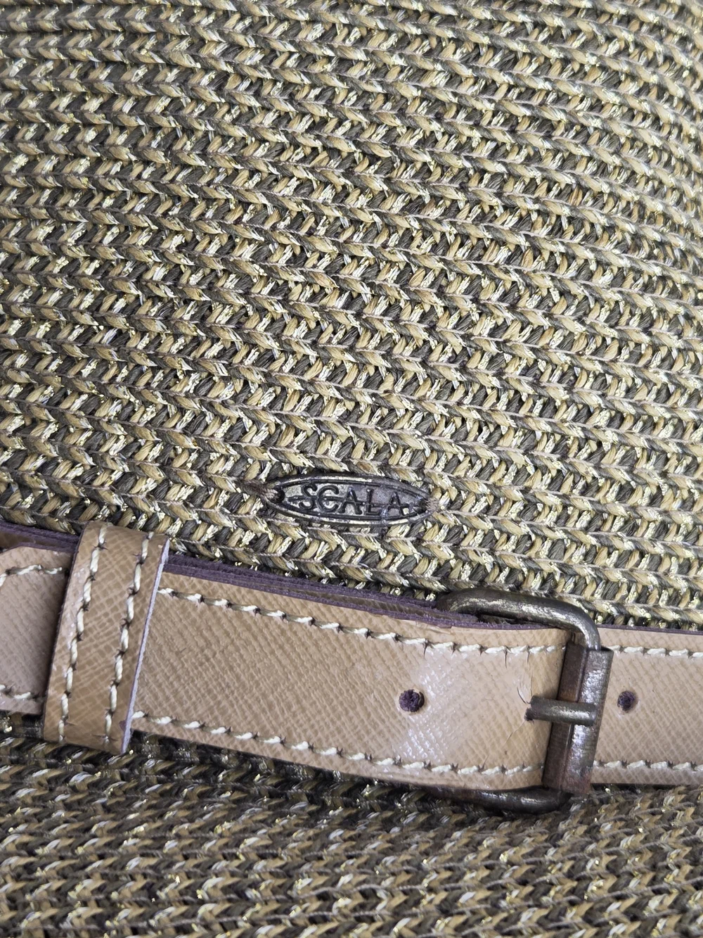 Scala OS Womens Hat Gold Paper Braided Straw with Tan Leather Band